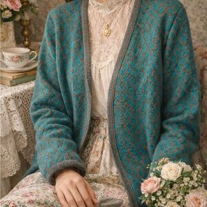 Vintage Nomadic Traders Teal Jacquard Granny Cottagecore Cardigan